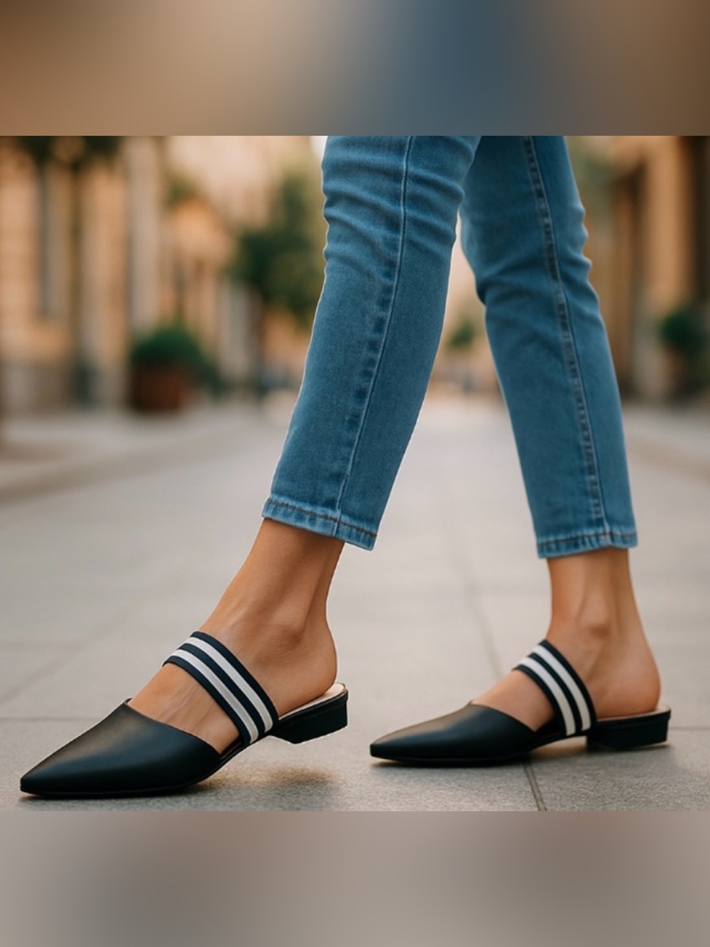 Women's Black Striped Slip-On Mules